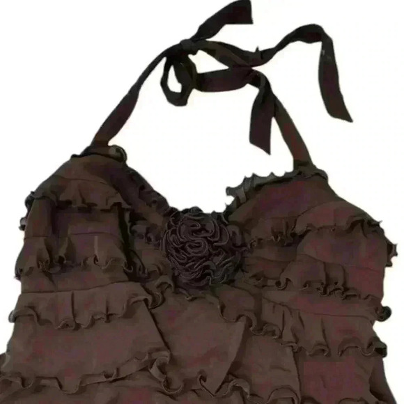 BCBGMaxAzeria Layered Ruffle Little Brown Halter Dress Open Back Size M - Picture 8 of 8